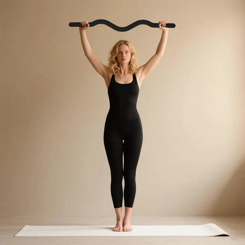 Woman holding 15 Lb Weighted Bar For Home Gym With Silicone Coated Surface And Solid Steel Core, Barbell For Yoga Pilates Body Toning