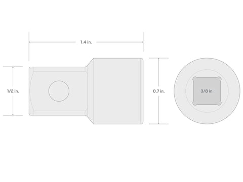 Technical drawing of Three Eighths Inch Drive To Half Inch Drive Adapter With Beveled End And Chrome Plated Finish, dimensions labeled.