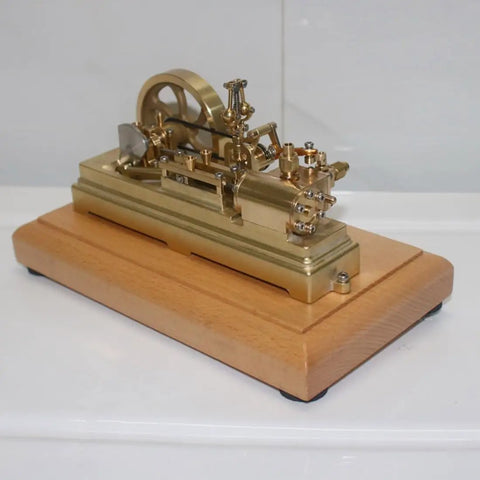 Mini Retro Horizontal Steam Engine Model Kit With Dope Brass Construction Reciprocating Double Acting Cylinder Flyball Speed Reducer Educational Experiment Set Desktop Decor For Adults on wooden base