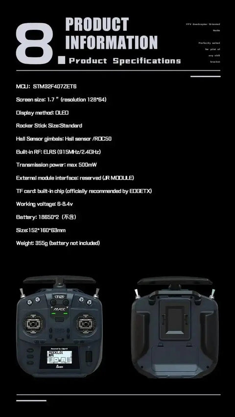 Front and back view of T12 Max ELRS 24G Transmitter With Hall Gimbals EdgetX Full Function Multi Module Radio Remote Controller