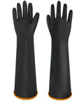 Heavy Duty Chemical Resistant Rubber Gloves 22 Inch Xl Natural Latex Industrial Work Grade with orange cuffs for grip.