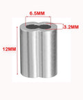 Close-up of single aluminum crimp sleeve with dimensions, part of 120 Piece Aluminum Crimp Sleeve Set For Three Thirty Second Inch Wire Rope And Cable, Heavy Duty Quick Lock End Sleeves For Dog Leashes And Clotheslines, Ideal For Tents And Other Rigging Projects, Easy To Use And Very Durable.