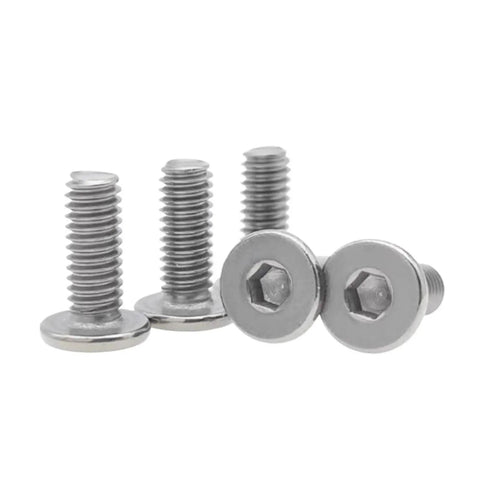 Top Shelf TA2 Pure Titanium Hex Socket Machine Screws With Low Profile Flat Heads For Hella Durable Auto Racing And Workshop Repairs Using M2.5 M3 M4 M5 Metric Thread Fasteners In Bulk Packs, viewed from the side.