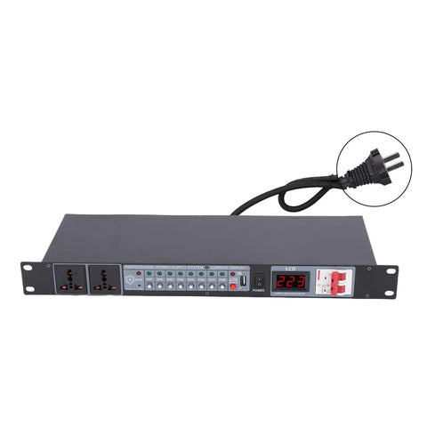 Ten Outlet Power Sequencer Conditioner With Digital Voltage Display And Auto Surge Protection Smooth Noise Filtering For Your Sweet Home Theater Setup Gamechanger Studio Gear Rig With Us Plug front view showing outlets and voltage display.