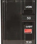 Front view of Qwik Open 50 Amp Two Pole Plug In Mount Mini Circuit Breaker 120 And 240 Volt AC 10kA Breaking Capacity QO250CP