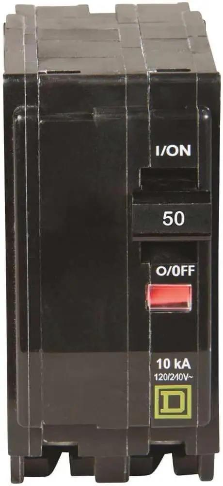 Front view of Qwik Open 50 Amp Two Pole Plug In Mount Mini Circuit Breaker 120 And 240 Volt AC 10kA Breaking Capacity QO250CP