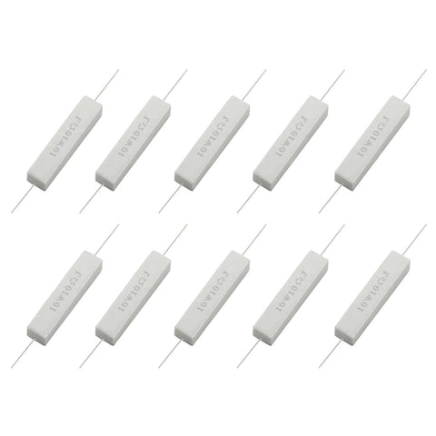 Ten white ceramic cement power resistors with axial leads, 10Ω 10W (10-piece kit)