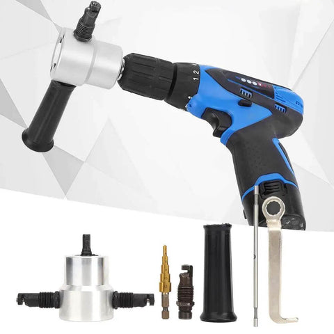 Six Piece Double Head Metal Nibbler Cutter Kit For Thin Sheets With Hole Saw Drill Attachment, ergonomic handle, adjustable heads