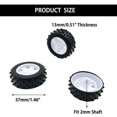 Ten Piece 37mm Plastic Toy Car Wheels Set With Five 100mm Metal Axle Rods showing wheel dimensions and 2mm shaft fit for RC cars and models