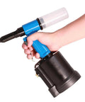 Lightweight Pneumatic Air Rivet Gun Kit With Interchangeable Rivet Heads shown in hand operation