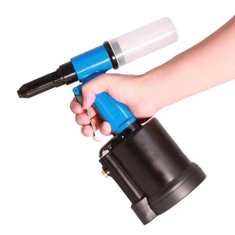 Lightweight Pneumatic Air Rivet Gun Kit With Interchangeable Rivet Heads shown in hand operation