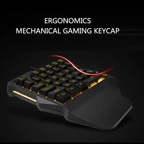 Compact 35 Key Mechanical Gaming Keyboard With Ergonomic Wrist Rest And Snappy One Handed Keypad, black design, RGB lighting features.