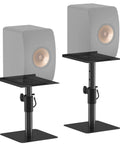 Heavy Duty Desktop Speaker Stands Pair With Height And Angle Adjustable Design For Studio Monitors And Bookshelf Speakers Cable Management Anti Slip Wide 9.3 Inch By 8.9 Inch Platforms Made For Your Desk Setup, showing angle view.