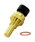 Engine coolant temperature sensor with gold-colored brass body, black connector, and copper gasket