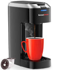 One Touch Single Serve Coffee Maker For K Cup Pods, Fast 3 Minute Brew, Space Saving Mini Brewer, red cup, silver finish