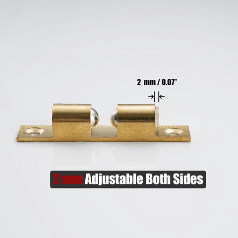 Solid Brass Cabinet Door Catch Set Of 4 Ball Tension Latches For Cabinets And Closets Rustproof Durable Hardware With Stainless Steel Screws 70mm Length HBC200 P4 Built Tough And Last Longer shown with 2mm adjustability detail.
