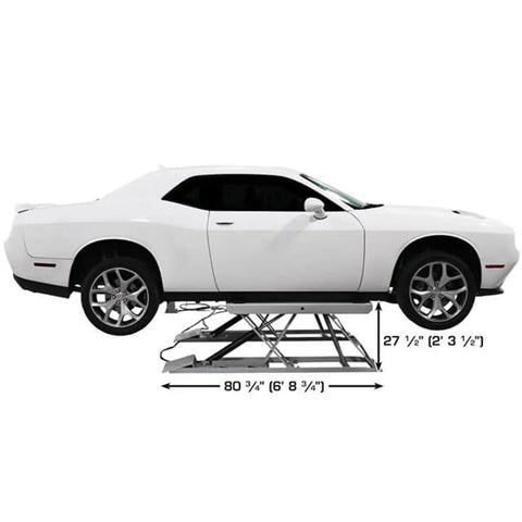 Premium Low Rise Scissors Lift Badass Garage Rig 6000 Pound Capacity Smooth Lifting Open Center Design Drive On Ramps Non Slip Pads Air Powered Single Point Release 110 Volt