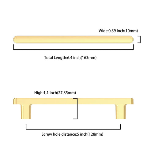 Dimension details of 10 Pack 5 Inch Brushed Gold Cabinet Handles For Kitchen Cabinets And Drawers, Brushed Gold Cupboard Hardware Pulls, 128mm Length.