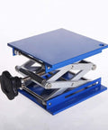 SUCOHANS lab jack lift table 8x8 in, blue aluminum platform with scissor mechanism and hand crank, side view