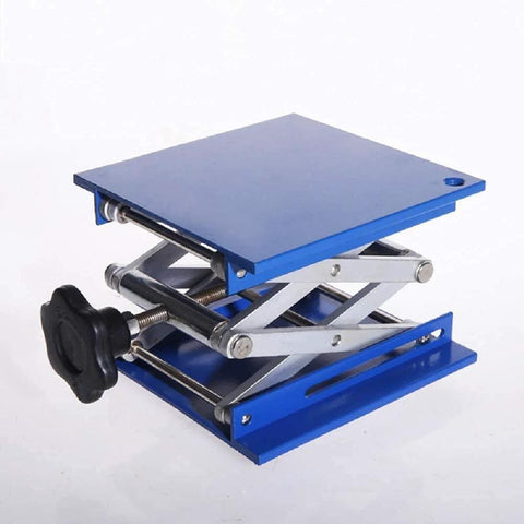 SUCOHANS lab jack lift table 8x8 in, blue aluminum platform with scissor mechanism and hand crank, side view