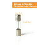 20 Pack 5A 125V Fast Blow Glass Fuses 5x20mm Replacement Kit, single fuse with dimensions, for Christmas lights and electronics