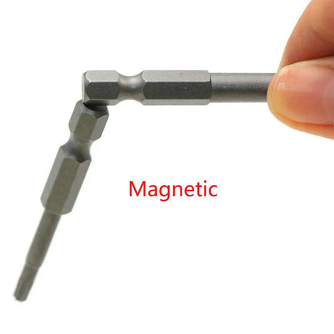 Close-up of 50mm magnetic Torx T8 bit from 10 piece set with 1/4 inch hex shank, designed for home DIY and auto repairs, durable alloy steel.