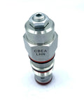 Front view of a chrome hydraulic threaded cartridge valve with CBEA LHN marking and red O-rings.