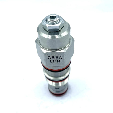 Front view of a chrome hydraulic threaded cartridge valve with CBEA LHN marking and red O-rings.
