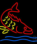 Bright neon outline of a fish jumping over waves with yellow scales, red body, and blue water in the background.