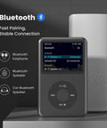 Bluetooth MP3 Player With 128GB Storage Portable Music Player on a table with Bluetooth device connections displayed