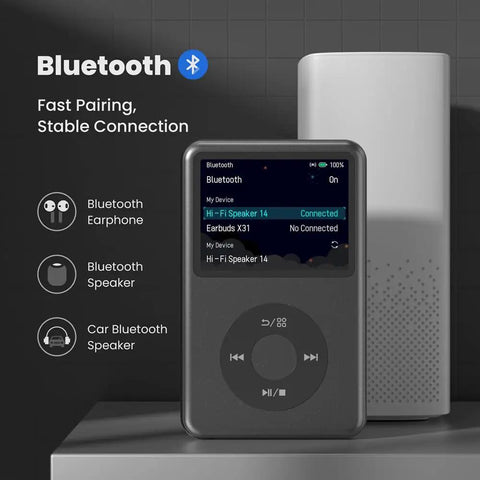 Bluetooth MP3 Player With 128GB Storage Portable Music Player on a table with Bluetooth device connections displayed