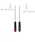 Heavy-duty oil seal removal tool set with 45° and 135° hooks for automotive maintenance, featuring non-slip handles.