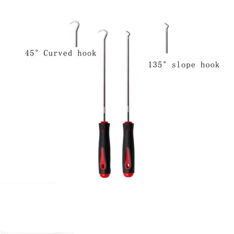 Heavy-duty oil seal removal tool set with 45° and 135° hooks for automotive maintenance, featuring non-slip handles.