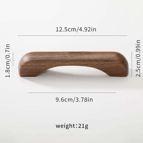 Close-up of a walnut wood drawer pull showing dimensions, part of the Walnut Wood Drawer Pulls 6 Pack 3.78 Inch 96 mm Cabinet Handles.