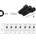 Essential 7-Piece Star Bit Socket Set With 3/8 Drive Includes T20 Through T60 For Tough Auto Repair Jobs And Home Mechanics Looking To Rock A Reliable Tools Kit., 3/8 black oxide Torx bit sockets T20-T60 with 60mm length and size chart
