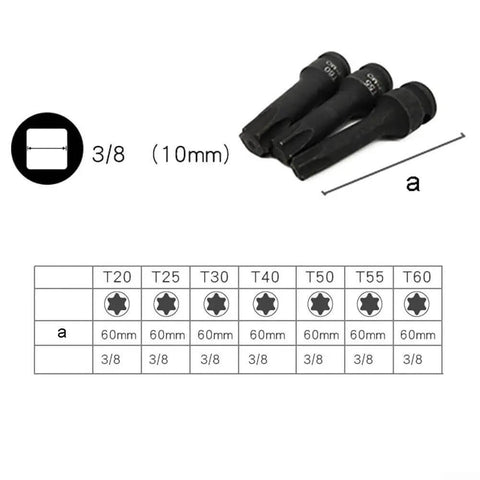 Essential 7-Piece Star Bit Socket Set With 3/8 Drive Includes T20 Through T60 For Tough Auto Repair Jobs And Home Mechanics Looking To Rock A Reliable Tools Kit., 3/8 black oxide Torx bit sockets T20-T60 with 60mm length and size chart