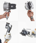 Hands holding Tough As Nails Pneumatic Steel Strapping Machine Split Banding Tool in various angles for secure metal belt sealing.