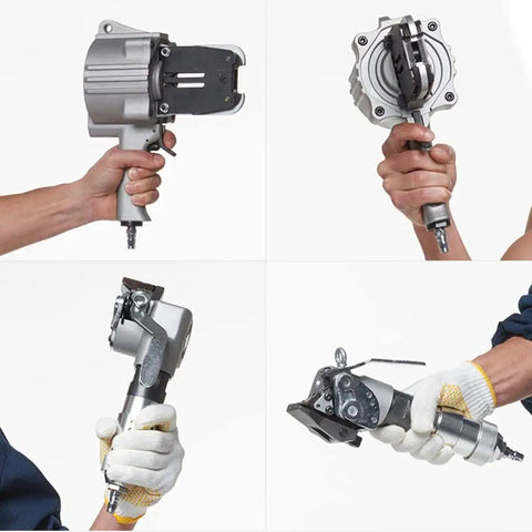 Hands holding Tough As Nails Pneumatic Steel Strapping Machine Split Banding Tool in various angles for secure metal belt sealing.