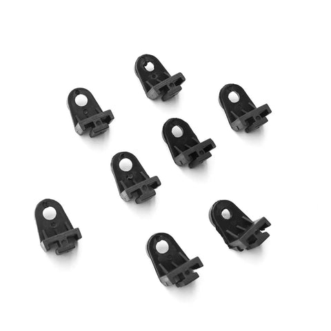 Universal Electric Radiator Fan Mounting Kit 8 Pieces L Shape Bracket Feet Tabs for Slim Thin Cooling Fans 7 9 10 12 14 16 Inch Easy Plug And Play ABS Plastic Heat Resistant components on white background.
