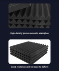Kickass High Density Soundproof Wall Panels 12 Pack Black Acoustic Foam Wedge Tiles showing beveled edges and acoustic absorption design.