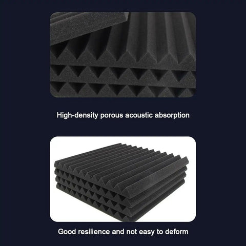 Kickass High Density Soundproof Wall Panels 12 Pack Black Acoustic Foam Wedge Tiles showing beveled edges and acoustic absorption design.
