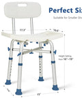 Shower Chair With Back Support, 500Lb Heavy Duty Silver Aluminum Bath Seat, dimensions for safe assembly shown