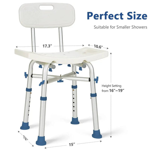 Shower Chair With Back Support, 500Lb Heavy Duty Silver Aluminum Bath Seat, dimensions for safe assembly shown