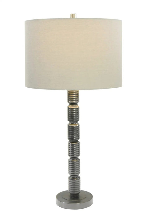Faceted Metal Floor Lamp With Stacked Column Base, Aged Pewter Finish And Cream Linen Drum Shade, A Legit 66.5 Inches Statement Piece For Your Living Room, Modern European Vibe, Hadley Collection
