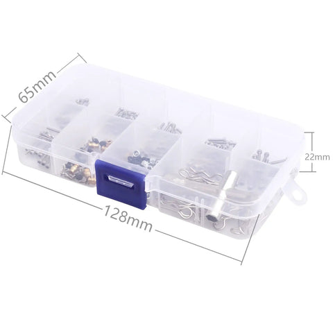 RC Screw Kit 272 Pieces M1.4 Screws Hardware Fasteners Repair Tools for Axial SCX24, clear box with compartments and dimensions.
