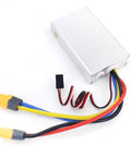 Brushed RC ESC With Forward And Reverse For Cars Tanks Boats And Crawlers Wide Voltage Range From 24V To 60V 60A Output BEC 5V Point Five Amp Ideal Motor Controller For DIY RC Projects, showing silver unit with colored wires