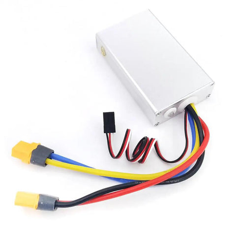 Brushed RC ESC With Forward And Reverse For Cars Tanks Boats And Crawlers Wide Voltage Range From 24V To 60V 60A Output BEC 5V Point Five Amp Ideal Motor Controller For DIY RC Projects, showing silver unit with colored wires