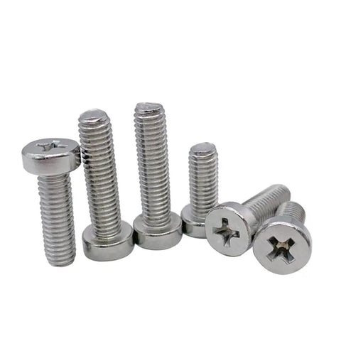 Top Notch 304 Stainless Steel Cheese Head Machine Screws With Phillips Drive In Metric Sizes M2.5 Through M6 Including M3x8mm Pack Of 100, showing various lengths.