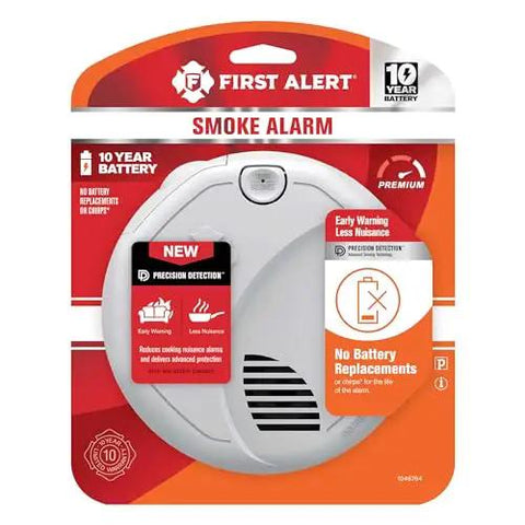 Smoke Alarm With 10 Year Sealed Battery And Dual Sensor Detection, SM310, package front view with safety details