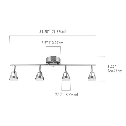 WiFi Smart 4-Light LED Track Lighting Kit With Multicolor RGB And Tunable White 2000K-5000K, dimensions shown, Brushed Nickel.